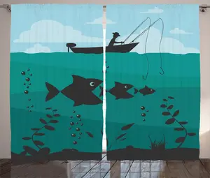 Штора ABAKUHAUS Teal Rustic, Рыбалка на лодке, Морская тема, Универсальные ленточные шторы для гостиной с петлями и крючками, 280 x 225 см, цвет: бирюзовый Abakuhaus