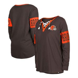 Женская коричневая футболка Cleveland Browns с длинным рукавом и V-образным вырезом New Era