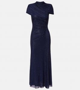 Платье миди с драпировкой из страз и сетки Self-Portrait, темно-синий