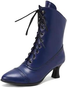 Женские ботинки в винтажном стиле ренессанс, заостренный носок, массивный каблук, ботильоны до щиколотки с низким каблуком, на шнуровке с молнией Generic, Blue