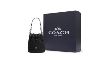 COACH Сумка-ведро из ткани с кожаными вставками Миниатюрная женская сумка через плечо или на пояс с серебряной фурнитурой и черным цветом