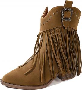 Женские замшевые ботильоны с заклепками и кисточками на массивном каблуке, модная пряжка, заостренный носок, каблук-стек, бахрома, вестерн для кантри-музыки, вечеринок и коровьих стилей NHBEOEN, Brown