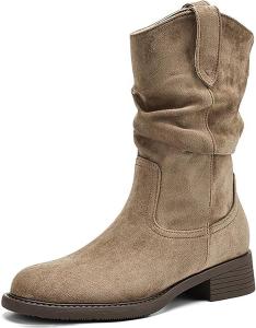 Женские британские замшевые ковбойские ботинки с заостренным носком, ботильоны на устойчивом каблуке, западный стиль PPXID, Khaki