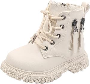 Детские боевые ботинки для девочек, кожаные ботинки на щиколотку, осенне-зимняя обувь, противоскользящие, для улицы, модные, на шнуровке, с боковой молнией Generic, White