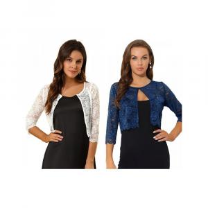 Комплект из 2 женских элегантных прозрачных кружевных топов с цветочным принтом, укороченных кардиганов-болеро ALLEGRA K, цвет White Navy Blue