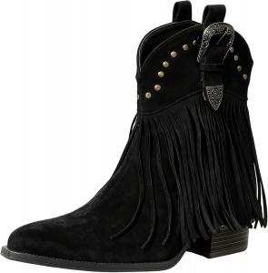 Женские ковбойские сапоги с бахромой, массивный каблук, западный стиль, кисточки, ретро вышивка, заостренный носок, массивный каблук, ботильоны на щиколотку Generic, Black