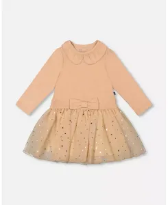 Платье для девочек из двух материалов с блестящей юбкой, бежевое Deux par Deux, коричневый/бежевый