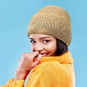 Шапка-бини с флисовой подкладкой и стразами FASHNZFAB, светло-коричневый