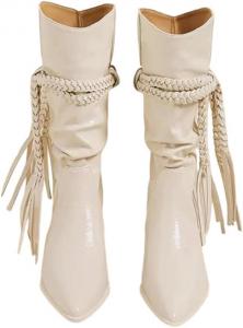 Женские замшевые ботильоны с бахромой на высоком каблуке и с острым носком, длинные сапоги для осени и зимы, для улицы Generic, Beige