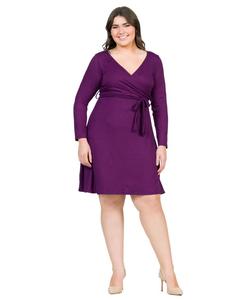 Элегантное платье больших размеров с V-образным вырезом, длинными рукавами и поясом 24seven Comfort Apparel, Purple