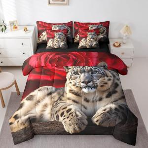 Erosebridal Комплект постельного белья Snow Leopard King с принтом красных роз и диких животных, включающий пододеяльник и простыни, Brown Red