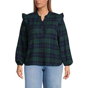 Блуза-поло из фланели с рюшами Plus size Lands' End, Deep Forest Plaid