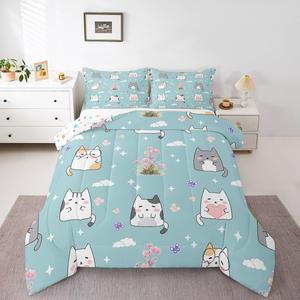Erosebridal Комплект постельного белья Kawaii Cat Kids с милыми котиками, цветами, бабочками, облаками и звездами в бирюзовых, розовых и серых тонах, Teal Pink Grey