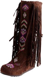 Женские вестерн-сапоги с бахромой, замшевые сапоги средней длины с вышивкой, высоким голенищем, плоской подошвой, ковбойские сапожки с кисточками для снега Generic, Brown