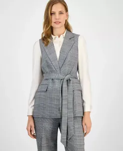 Женский клетчатый жилет с поясом, стандартный и миниатюрный Kasper, черный