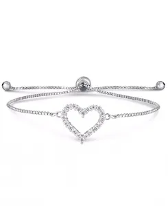 Браслет-Боло с регулируемым замком-ползунком в форме сердца из кубического циркония, посеребренный Macy'S, silver