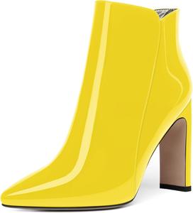 Женские ботильоны FEMSTEP с молнией, лакированные, для вечеринок, с заостренным носком, на массивном каблуке, высотой до щиколотки, каблук 10 см, Yellow