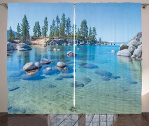 Шторы ABAKUHAUS "Рустикальный пейзаж", "Камень на берегу реки", универсальные ленточные шторы для гостиной с петлями и крючками, 280 x 225 см, цвет: синий, серый, зеленый Abakuhaus