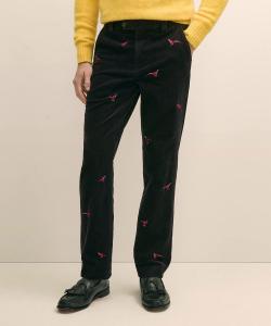 Хлопковые вельветовые брюки с восемью складками, зауженного кроя, однотонной передней частью и вышивкой в виде фазана.