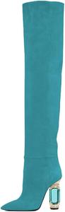 Женские сапоги FSJ выше колена, ботфорты с кристаллами, массивный каблук, блестящие стразы, закрытый носок, длинные сапоги, размер 4-15 US, Turquoise