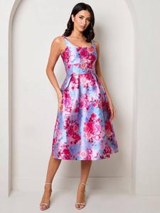 Платье Curve с жаккардовым цветочным принтом Chi Chi London, Blue/Multi