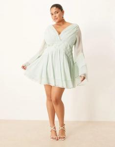 Мини-платье ASOS DESIGN Curve с длинными рукавами и сетчатой отделкой на талии нежно-голубого цвета Asos Curve