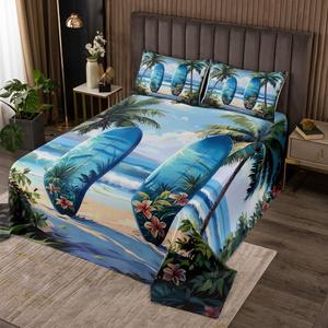 Erosebridal Комплект постельного белья Surfboard Hawaii Beach из мягкого стёганого материала в морском стиле с пальмами и цветами в сине-зелёной гамме, Blue Green