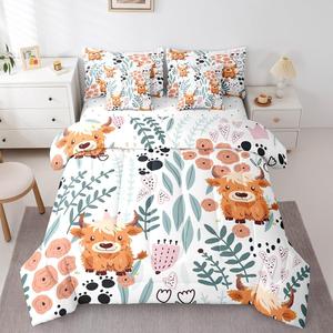 Erosebridal Комплект постельного белья Highland Cow с принтом коровы в стиле фермы, зеленые листья и розовые цветы, из мягкого хлопка, Orange