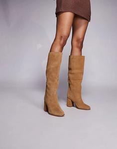 Сапоги River Island с наборным каблуком из светло-коричневой замши