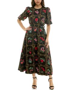 Женское миди-платье с поясом и пышными рукавами Taylor, Black multi