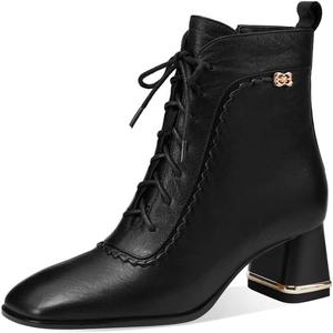 Женские кожаные ботинки на шнуровке TinaCus с боковой молнией, ручная работа, грубый каблук, Black