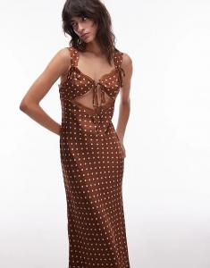 Платье мидакси Emory Park из атласа в горошек с вырезами цвета какао