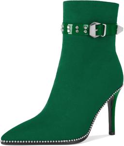 Younton Женские ботильоны на высоком каблуке-стилет с бусинами, заостренным носком, боковой молнией и пряжкой, из матовой кожи, 3,5 дюйма