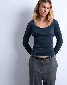 Топ Topshop Cupro с круглым вырезом, длинными рукавами и сборками, серый