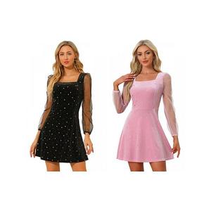 2 упаковки женского платья с длинными рукавами из сетки и бархата Allegra K, Black Pink