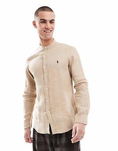 Рубашка из льна с логотипом и воротником-стойкой, бежевого цвета Polo Ralph Lauren