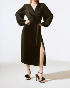 Плиссированное атласное платье-миди с поясом и запахом, черное Joseph Ribkoff