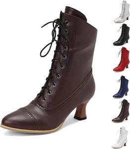 Женские винтажные викторианские ботинки 70-х годов, кружевные ботильоны на среднем каблуке с флисовой подкладкой, кружевные ботильоны, ботинки для костюма ведьмы Generic, Brown