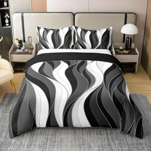 Erosebridal Современный комплект постельного белья Black and Grey Striped, абстрактный стиль, серо-белые полосы, легкий материал, Black White
