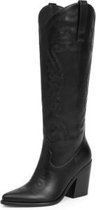 Женские высокие ковбойские сапоги Modatope с вышивкой, на массивном каблуке, с заостренным носком и удобным входом, A-Black