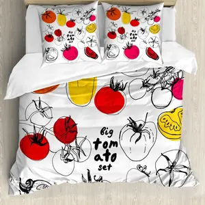 Комплект постельного белья ABAKUHAUS Томат для двуспальной кровати, рисунок с изображением овощей и фруктов, защита от клещей, подходит для аллергиков, с наволочками, белый, многоцветный Abakuhaus