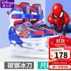 TKH Коньки для фигурного катания Disney для детей, девочек и мальчиков, начинающих, регулируемые с настоящими лезвиями, дизайн Spider-Man (один ботинок) + сумка + чехол для лезвий, размер M, возраст 31-34