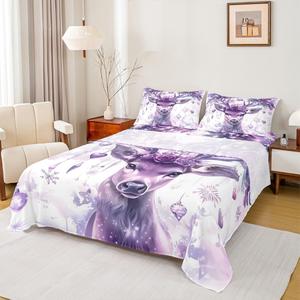 Erosebridal Комплект постельного белья с новогодним принтом в фиолетовых тонах с оленями и снежинками, Purple