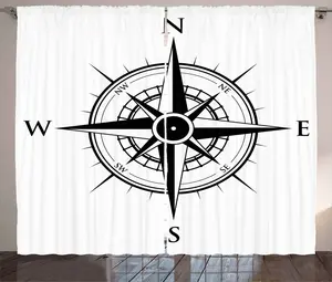 Штора ABAKUHAUS Compass Rustic, Navigation Tech Travel, универсальная ленточная штора для гостиной с петлями и крючками, 280 x 245 см, цвет белый/черный