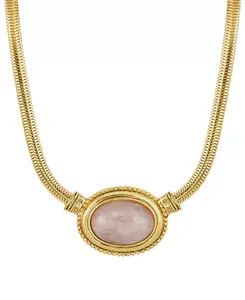 Ожерелье из полудрагоценных овальных камней золотистого оттенка 2028, pink