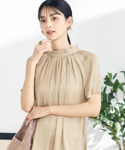 Блузка из атласа с оборками на воротнике, пригодная для стирки и простого ухода Avv, цвет Beige