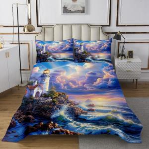 Erosebridal Комплект постельного белья Ocean Queen с принтом маяка и морских волн в голубых и фиолетовых тонах, легкий летний, Purple Teal White
