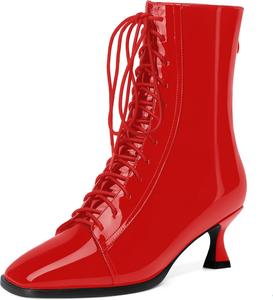 Женские ботинки MODENCOCO с квадратным носком, на молнии, шнуровке, из лакированной кожи, с низким каблуком-китен, высоким голенищем, 5 см, Red