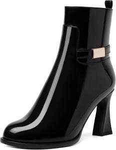 Ботинки NUMALEO Womens Sexy Patent Zip Metal Ankle Strap Night Club Round Toe Block High Heel Ankle High Boots 3.3 Inch, Black