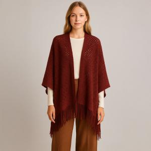 Бахромчатая ажурная вязаная шаль с драпировкой руана пончо TRUEDAMES, Burgundy